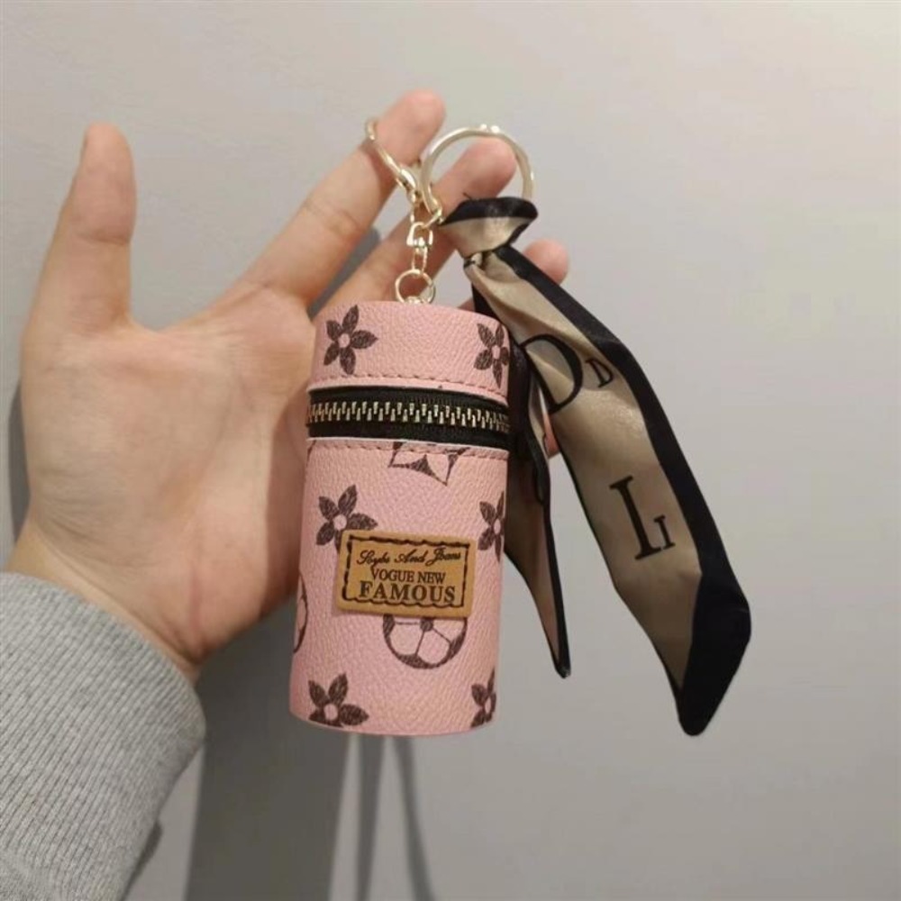 Monogram Keychain Leather - Pink Monogram Floral Print Cylindrical PU
