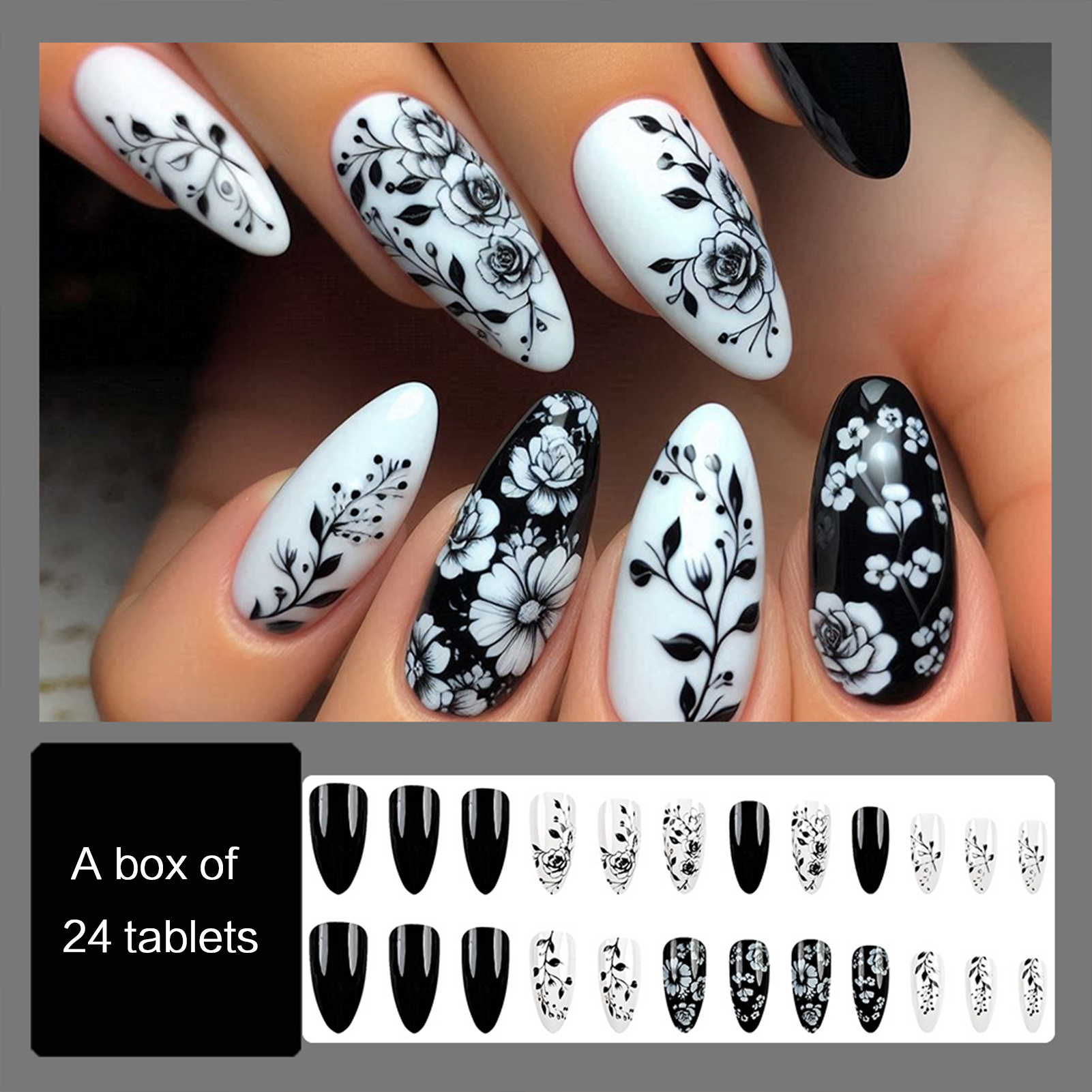 24Pcs Almond Fake Nails Black/ – обзор и цена Pressed Flower Art