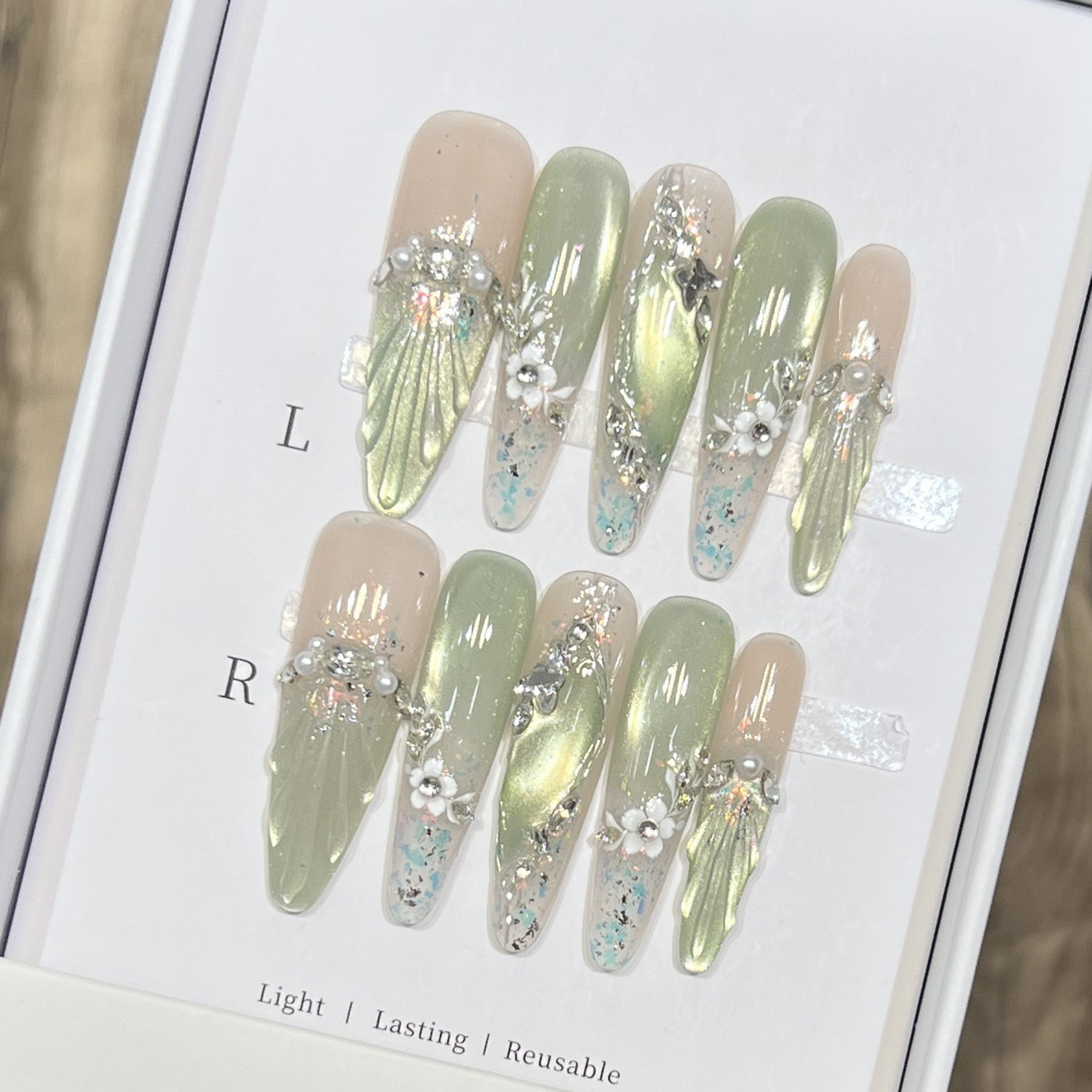 10pcs Long Almond Fake Nails T – обзор и цена Pressed Flower Art